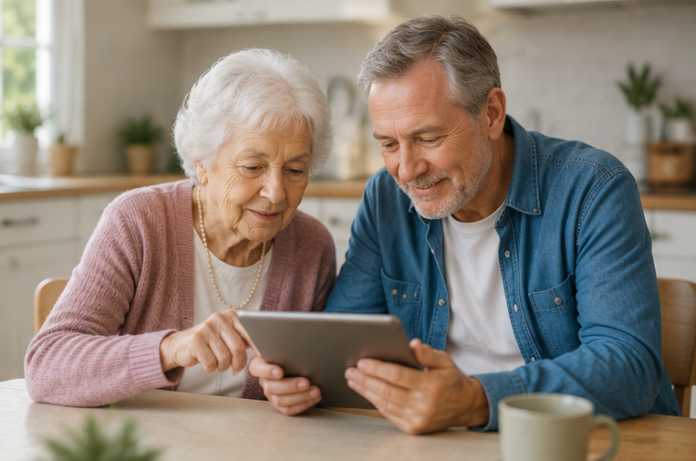 Family member helping an elderly parent with a tablet