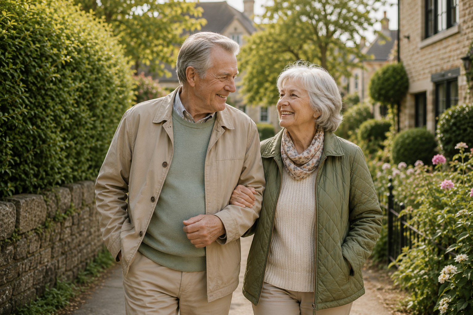 Smiling elderly couple walking outdoors